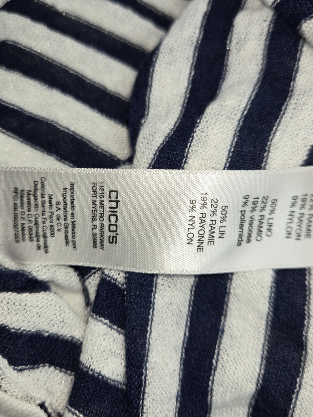 Chico's Navy and White Stripe V-Neck Linen Blend Top - Picture 4 of 9